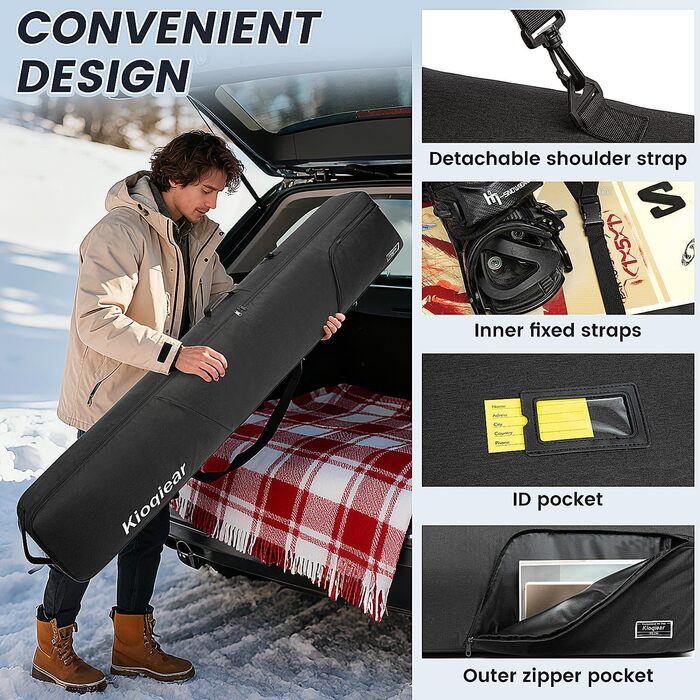 Сумка для сноуборду та черевиків Kioqiear з підкладкою, чорна (до 165 см та 43 розмір)