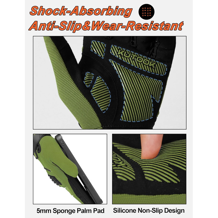 Рукавички для гірського велосипеда KUTOOK: захист долоні, сенсорний екран, дихаючі, зелені, XL