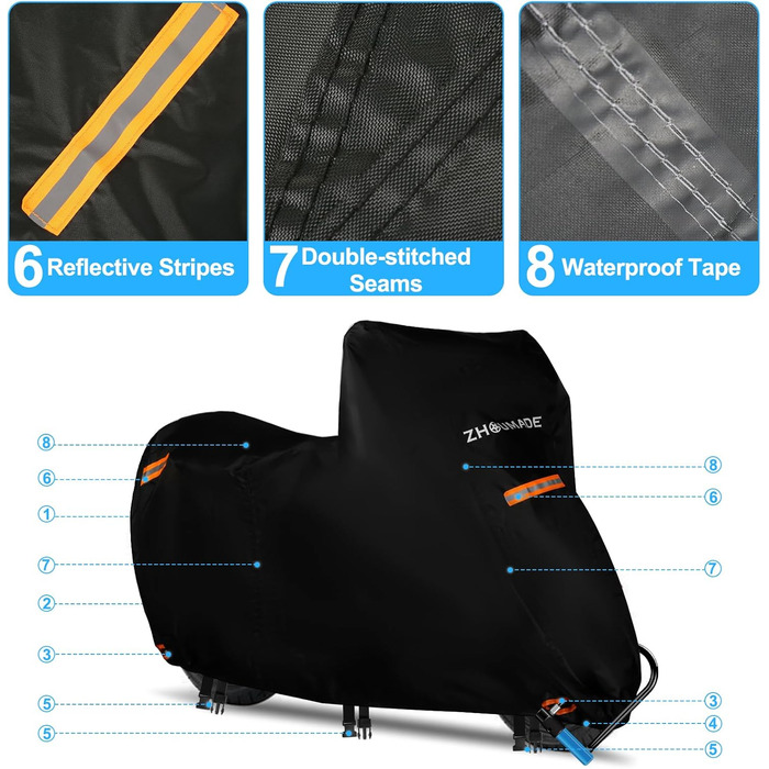 Водонепроникний чохол для мотоцикла Mini Motorrad Abdeckplane Outdoor, 420D Oxford, з відбиваючими смугами, сумісний з Honda Grom, MSX125, Navi, Monkey 125, ролер 50cc (175x66x110cm)