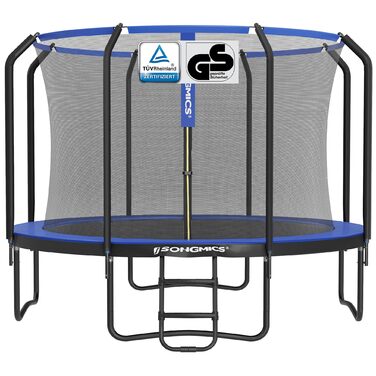 Трамплін SONGMICS для дітей на вулицю, Ø 244/305/366/427 см, круглий, з сіткою безпеки та сходами, захисним бордюром, м'яким каркасом (305 см, Чорний + Темно-синій)