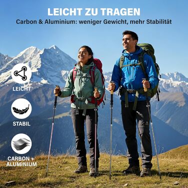 Складані трекінгові палиці для ходьби (2 шт), карбон 3K та алюміній 7050, регульовані 110-135 см, коркова ручка з EVA, сірі