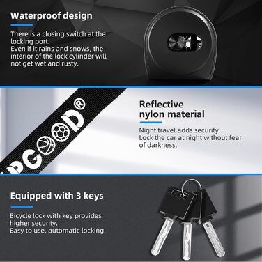 Замок для велосипеда з 3 ключами, ланцюговий замок проти крадіжок 90см, висока безпека, водовідштовхувальний чохол для велосипеда/електросамоката/електровелосипеда/MTB/мотоцикла/вантажного велосипеда, 870мм, чорний