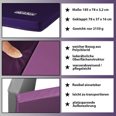 Гімнастичний мат ALPIDEX складаний 185x78x3,2 см, спортивний мат для дому, дітей та дорослих, фіолетовий