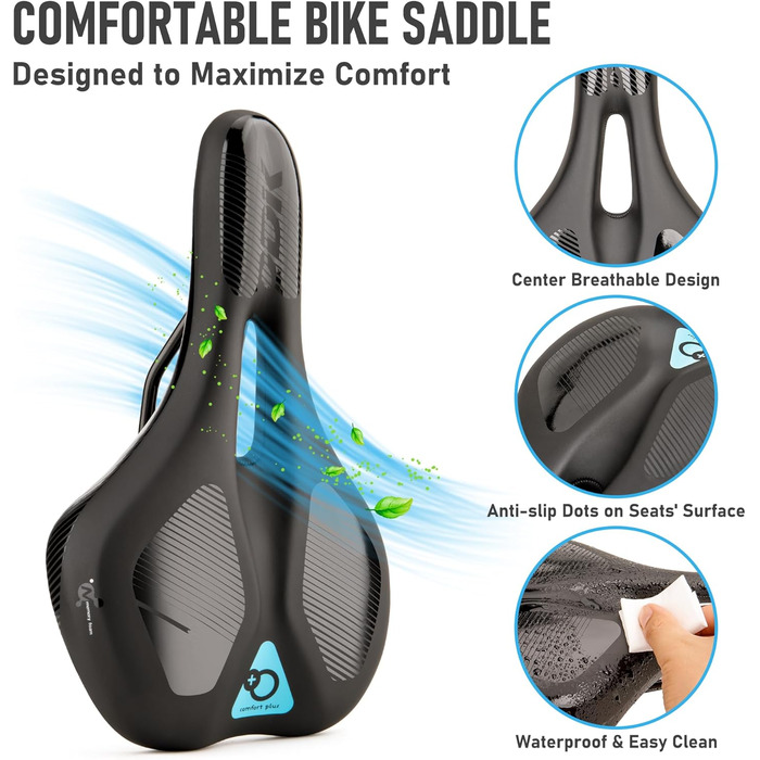 Сідло для велосипеда DDK Comfort Plus – М'яке сідло з Memory Foam – Зняття тиску та амортизація – Комфортне, м'яко стьоване сідло для чоловіків та жінок (MTB, шосе, міський велосипед)