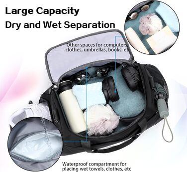 Спортивна сумка для подорожей та спорту, велика (48x23x27 см), з відділенням для взуття та мокрих речей, водонепроникна, для жінок та чоловіків, (ретро-чорний)