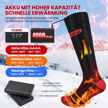 Електричні зігріваючі шкарпетки з акумулятором 4000mAh для жінок та чоловіків, 3 режими нагріву, для вулиці, кемпінгу та полювання, пральні