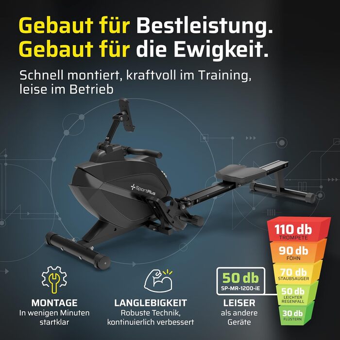 Гребний тренажер SportPlus для дому, складаний, з тихою магнітною системою гальмування, комп'ютер для тренувань, фітнес-обладнання для дому, Indoor гребний тренажер, сумісний з додатком (Premium)
