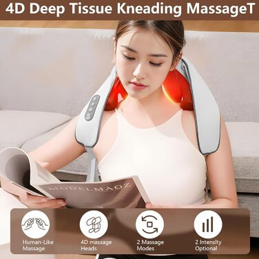 Електричний масажер для шиї та плечей Shiatsu з підігрівом, 4D масаж, бездротовий, для чоловіків та жінок, сірий A