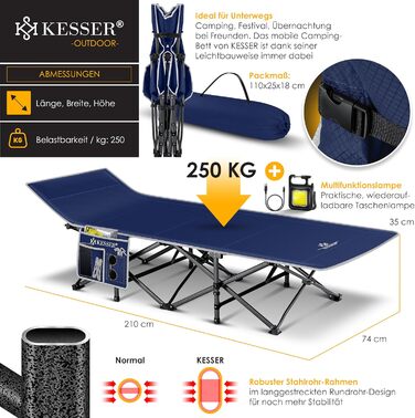 Кемпінгове ліжко KESSER® розкладне, металеве, 210 см, Navy Blue (темно-синій) з сумкою та ліхтарем