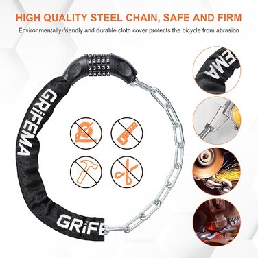 Замок для велосипеда GRIFEMA, висока безпека, проти крадіжки, ланцюговий, 7 мм x 1200 мм, чорний (з паролем)