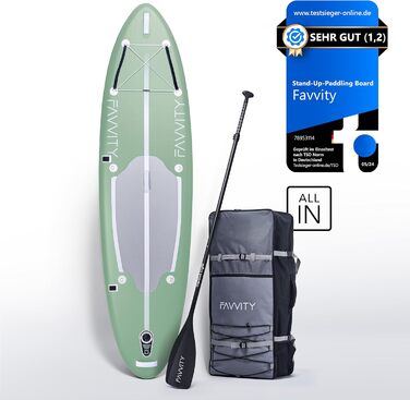 Надувна SUP-дошка FAVVITY Allrounder Comfort 150 кг, напівкарбон, ультралегка, стильний дизайн, 7 років гарантії, салатово-зелена