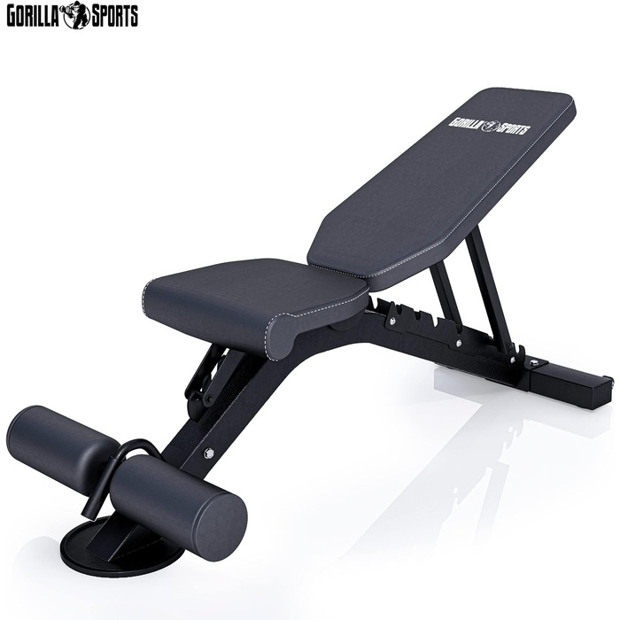 Гантельна лава GORILLA SPORTS® з регулюванням спинки (8 положень) та сидіння (3 положення), 156x51x114 см, до 400 кг, мультифункціональна, з підставкою для ніг. Підходить для тренувань спини, ніг та пресу.