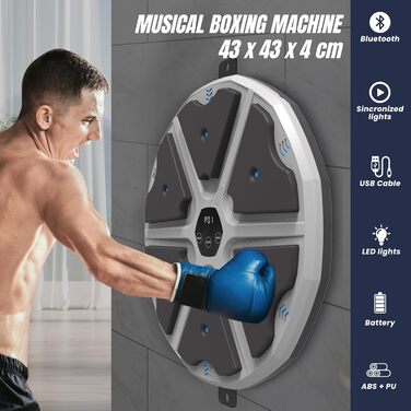 Електронна музична боксерська машина MAGIC SELECT із PU настінною панеллю, LED підсвічуванням, Bluetooth, рукавичками, 3 режими, 43x43x4 см