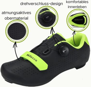 Чоловічі велотуфлі Milazzo для шосе, MTB та Indoor Cycling – дихаючі, сумісні з SPD, SPD-SL, Look Delta педалями (Чорний, Зелений, 44 EU)