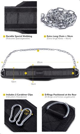 Пояс для підтягувань Fitgriff® з ланцюгом та 2 карабінами, для бодібілдингу, силових тренувань, важкої атлетики - пояс для важкої атлетики, чорний, універсальний розмір