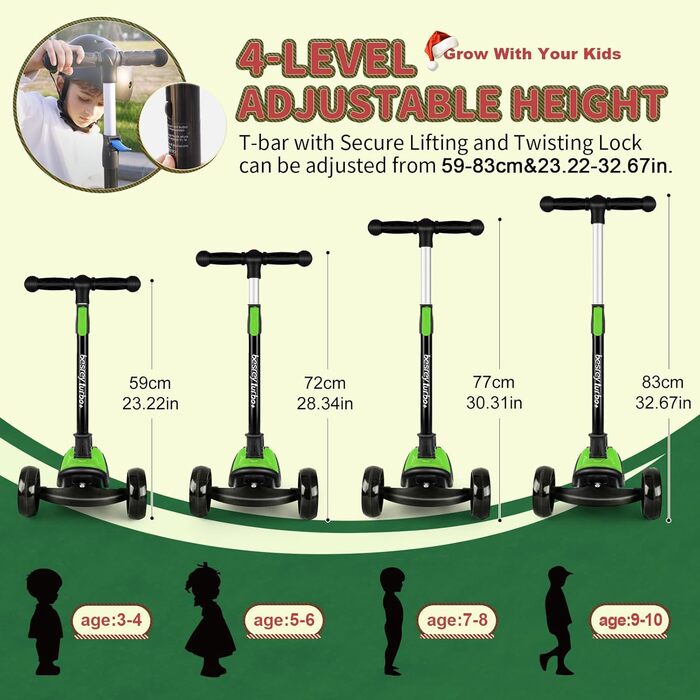 Дитячий трюковий самокат Besrey з великими колесами, світлодіодами та регульованою висотою, для хлопчиків та дівчаток 3-8 років (зелений)