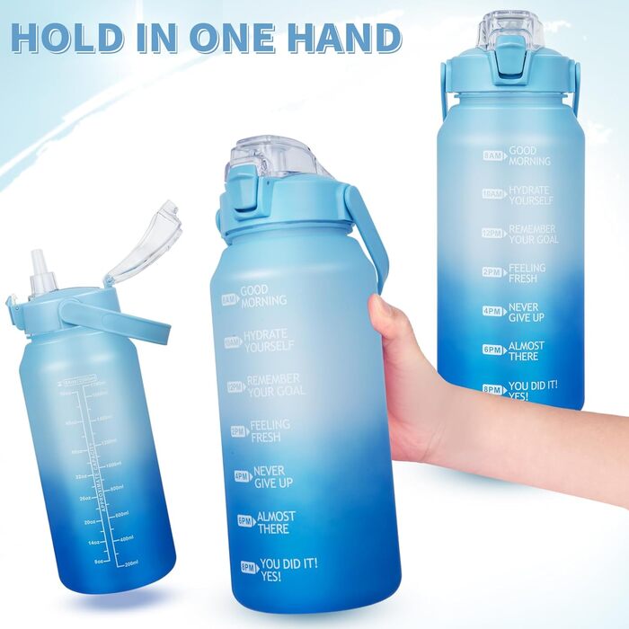 DEARRAY Спортивна пляшка для води 2 л Tritan з трубочкою, BPA-free, мотиваційна, з часовою міткою, для спорту, фітнесу, туризму, блакитна/темно-синя