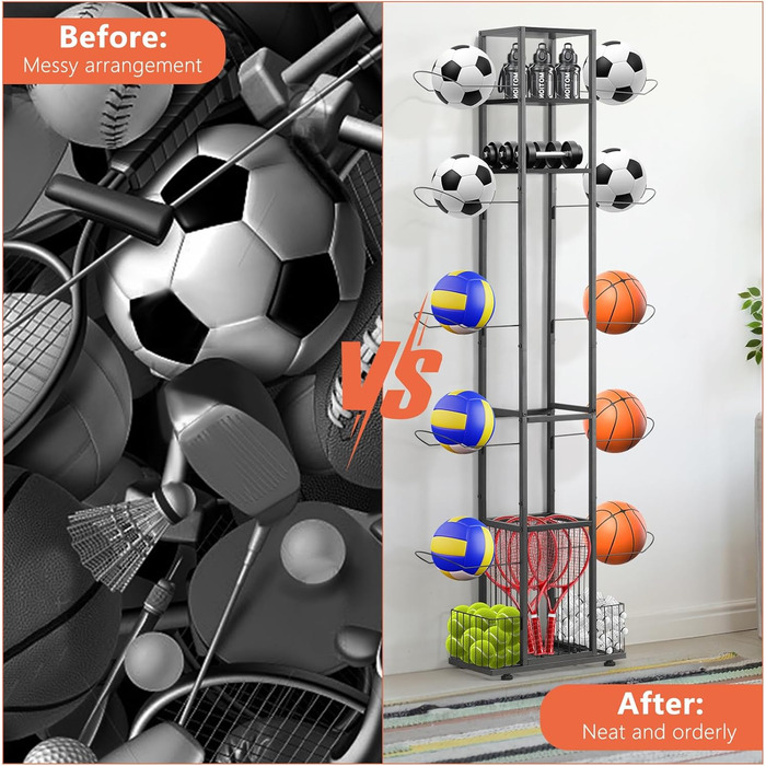 Стійка для зберігання баскетбольних м'ячів CADUKE, органайзер для спортивного інвентарю (футбол, волейбол, бадмінтон), чорний