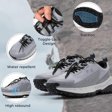 Черевики для трекінгу FitVille для чоловіків, широкі, Slip-On, Outdoor, з дихаючим матеріалом, для трейлраннінгу, з гнучкою застібкою, розмір 40-50 (42.5 EU, сірий)