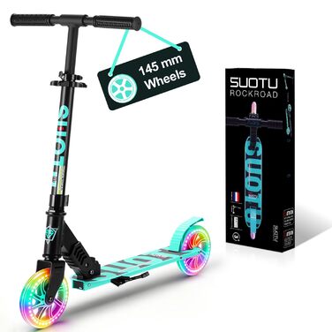 Самокат дитячий SUOTU з колесами 145 мм, до 100 кг, світлодіоди, складаний, регульована висота, для хлопчиків та дівчаток, алюмінієвий (Чорно-синій)