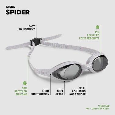 Окуляри для плавання arena Spider для дорослих, унісекс, з UV-захистом, антифог, саморегульований носовий міст, гіпоалергенний силікон