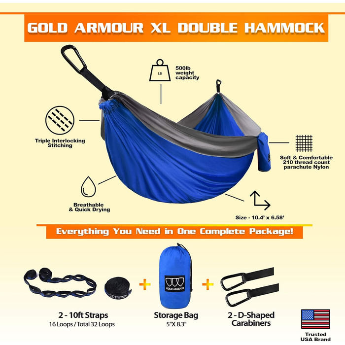 Гамак подвійний Gold Armour XL для кемпінгу з ременями - вуличний та домашній, США