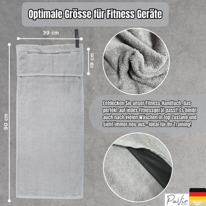 Рушник спортивний Pavin Sports 2 шт. | 90x40 см | 100% бавовна | З кишенею на блискавці, антиковзаючим покриттям та петлею | Для залу, фітнесу