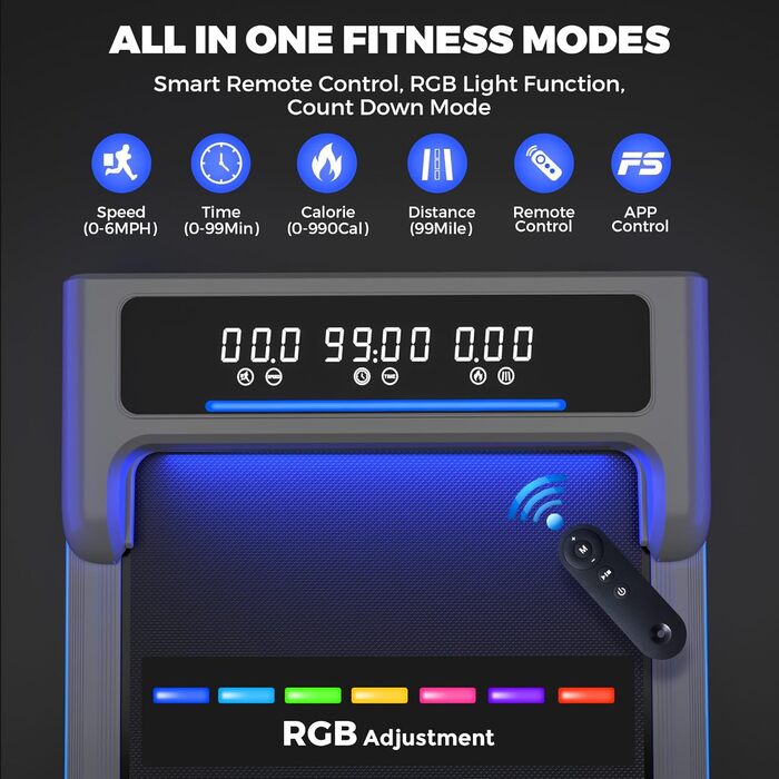 Біговий столик ONETWOFIT з RGB-підсвічуванням, регульований, з пультом керування та додатком, для дому BLACK-RGB