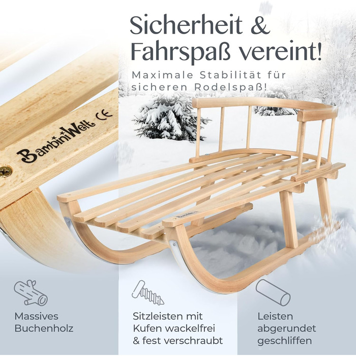 Дитячі санчата Kinderschlitten 90 см з підніжкою - дерев'яні санчата з масивного буку - санчата Davoser з мотузкою та ручкою, міцні, з легкими сталевими чіпками