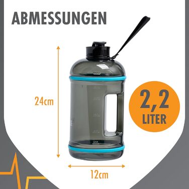 Водяний глечик High Pulse® з насадкою для пиття + кришка (2,2 л) – витокозахисна пляшка для фітнесу та силових тренувань – 100% BPA-free, підходить для газованої води, чорний