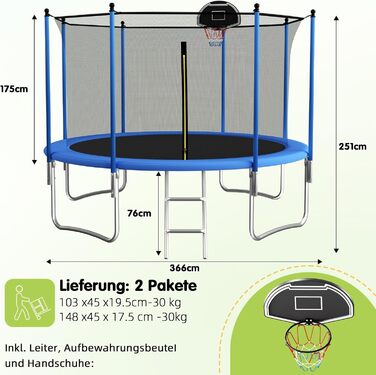 Трамплін Redkid Ø 305/366 см з сіткою, драбиною та баскетбольним кільцем, для дітей, вантажопідйомність 200 кг
