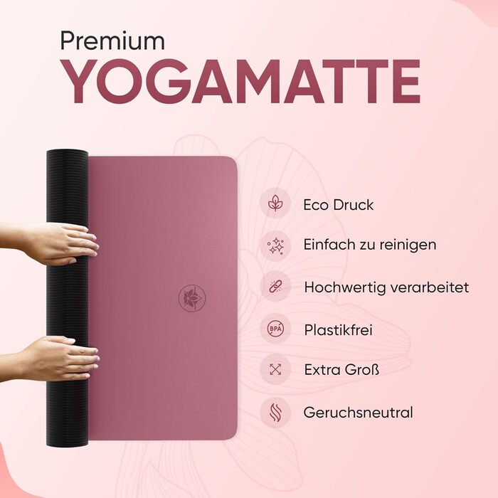 YOGALABS® Преміум йога-мат STUDIO 185×68×0,4 см, екстра великий, ремінь у комплекті, ECO PU та натуральний каучук, антиковзка поверхня, для йоги, гімнастики та пілатесу, 100% екологічний, без шкідливих речовин, бузковий