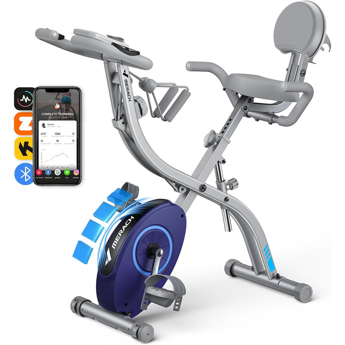 MERACH 4-в-1 велотренажер складаний, Hometrainer з LCD монітором та вимірюванням пульсу, магнітне ергометр, фітнес-велосипед для дому, срібний
