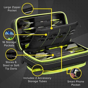 Casemaster Plazma Pro чохол для 6 дротиків (м'які та сталеві), велика передня кишеня для смартфону, зберігання для оперення та наконечників, жовтий