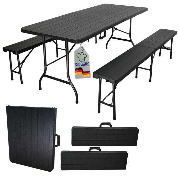 Складний буфетний стіл CHEFGASTRO 180x74 см для 8 осіб, чорний. Садовий стіл, стіл для пікніка, тераси, балкону. Зручний, вологостійкий, з ручкою для транспортування, під дерево.