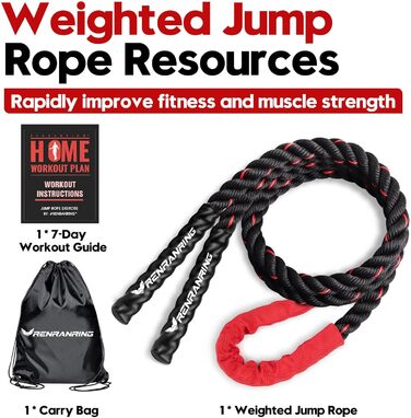 Скакалка з обтяженням для фітнесу - 2,3/2,56/3 кг, 9,8 футів, для жінок та чоловіків, для тренувань у залі та вдома, з планом тренувань