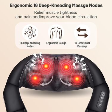 Масажер для шиї та тіла 3D Shiatsu з підігрівом - електричний масажер для шиї, плечей, спини та ніг з 16 масажними головками, 3 режимами, автовимкненням