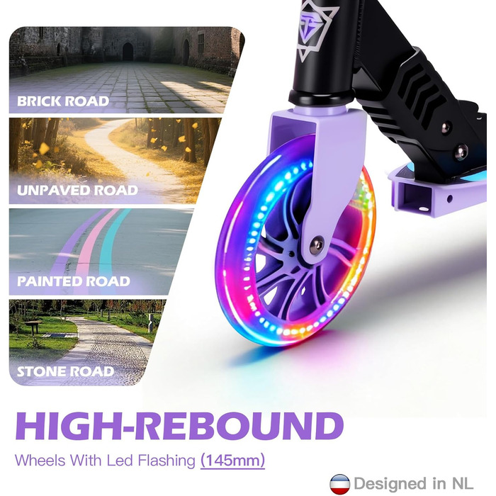 Самокат дитячий SUOTU з колесами 145 мм, до 100 кг, світлодіоди, складаний, регульована висота, алюмінієвий (Чорно-фіолетовий) для хлопчиків та дівчаток 3-12 років