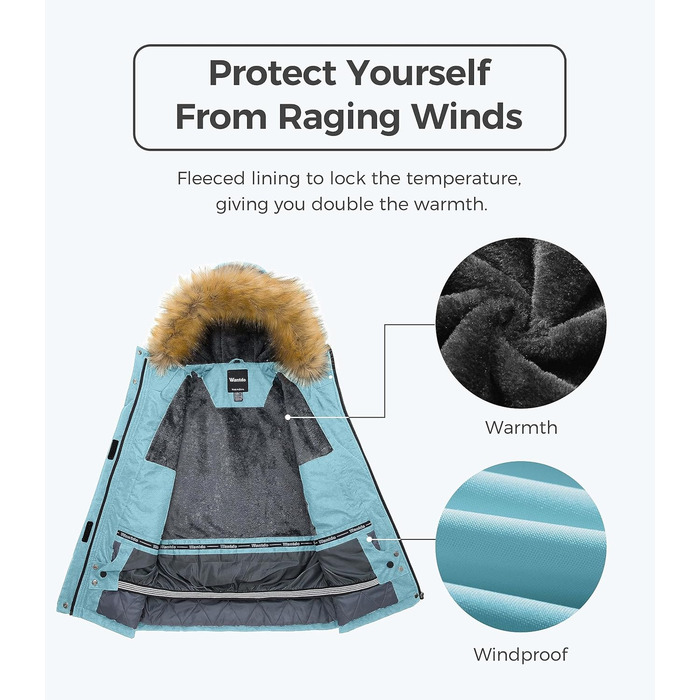 Водонепроникна лижна куртка Wantdo Daen: тепла, з штучним хутром, для гірськолижного спорту (блакитний, XL)