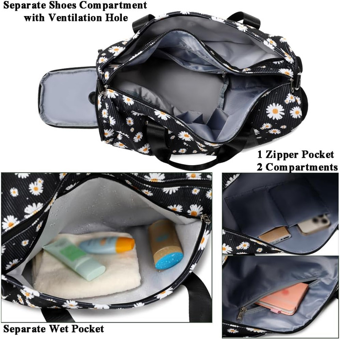 Спортивна сумка для дівчаток Kord з ромашками, 25L, чорна: для школи, танців, тренувань. З водонепроникним відділенням та відсіком для взуття.