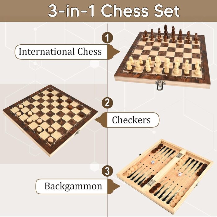 Шаховий набір дерев'яний 3 в 1 з шахами, шашками та настільною грою, преміум-якість, складаний, для дітей та дорослих, 24 см