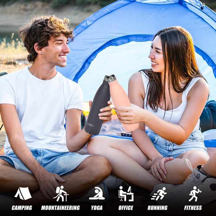 Фляга для напоїв WATERSY з нержавіючої сталі, 500 мл, чорна, з термоізоляцією, без BPA, для дітей, з квітковим декором