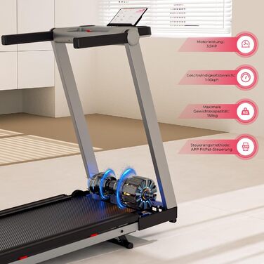 Біговий тренажер DeerRun для дому, Walking Pad з нахилом 6% та поверхнею для бігу 42 x 112 см, складаний з AI тренером та грою Multi-Runner (срібний)