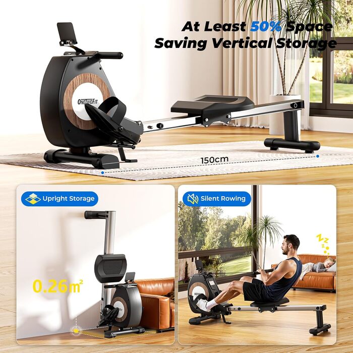 Гребний тренажер ONETWOFIT складаний для дому Pro, 16 рівнів навантаження, кросстренажер до 160 кг, сумісний з додатком, чорний