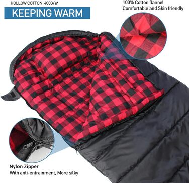 Спальний мішок Outdoor Flanell Warmer для туризму та кемпінгу. Бавовняне внутрішнє покриття, теплий, для 3-4 сезонів, XXL, -1°C, 230x90 см, чорний, на блискавці