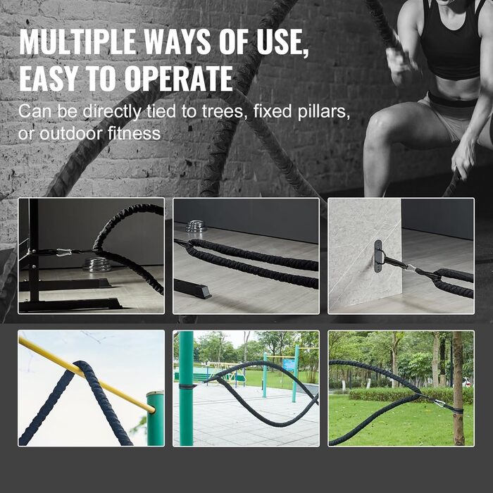 Тренувальне канат VEVOR Battle Rope - 9.1 м, поліестер, з захисною оболонкою та анкером. Для фітнесу вдома, тренування корпусу та пресу