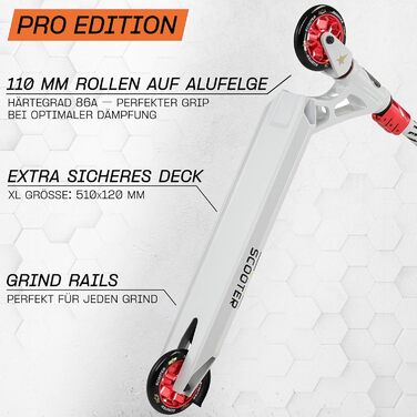 Самокат трюковий STAR SCOOTER Professional Freestyle (біло-червоний) з підшипниками ABEC-9, алюмінієвий, для дітей та підлітків від 8 років