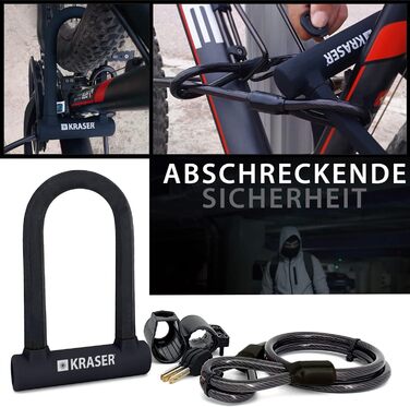 Замок для велосипеда KRASER KR65145B: U-lock + сталевий трос 120см + кріплення. Висока безпека