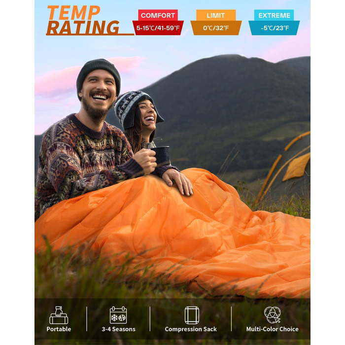 Сплячий мішок Outdoor Sportneer для 2 осіб: двомісний спальний мішок на 3 сезони, 220x150 см, 2.75 кг з 2 подушками, для дорослих, оранжевий (без фланелевої підкладки)