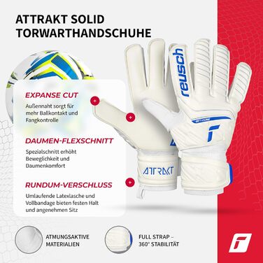Воротарські рукавиці Reusch Attrakt Solid: професійні, з синтетичним латексом, біло-темно-сині (360° стабілізація)